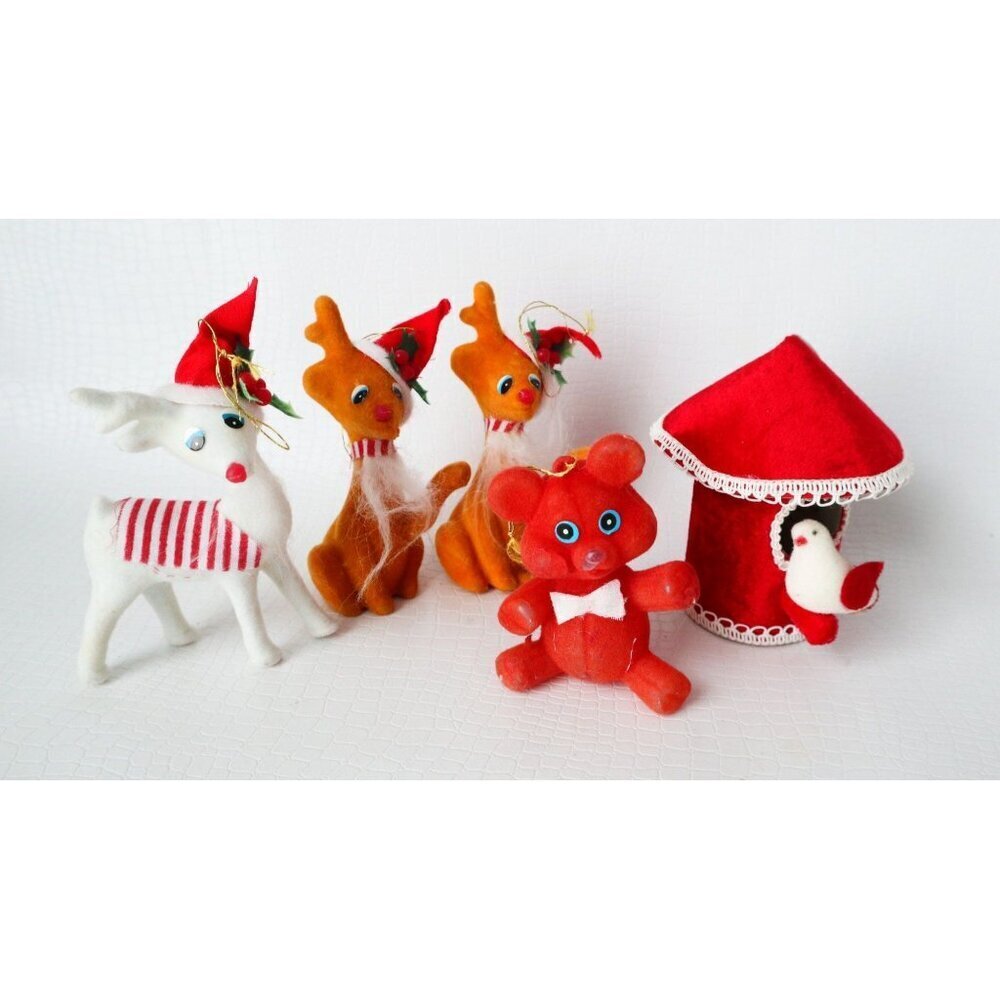 5 Vintage Flocked Christmas Tree Ornaments Deer Bird House With White Dove & Bea